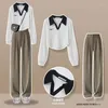 Kvinnors tvåbitar byxor Kvinnor Spring Autumn Preppy Style Polo T Shirts Korean Lady Casual Letter Tops Wide Leg Set 2024 Outfits Female