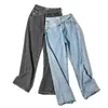 Jeans pour femmes 2024 Femme Oblique Ceinture Taille Haute Vêtements Large Jambe Denim Vêtements Bleu Gris Streetwear Vintage Mode Harajuku