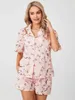 Femmes Survêtements Femmes Pyjamas Ensemble Short Et Haut Dessin Animé Mignon Imprimé Floral Manches Courtes Chemise Boutonnée 2 Pièces Jammies Loungewear