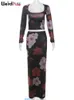 Weird Puss Floral Print Women 2Piece Set Full Sleeve Round Neck Crop TopsSlim Fit Long Skirts Elegant Party Prom Matching Suits 240329