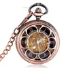 Pocket Watches Red Copper Hollow Out Pumpkin Mens Womens Auto Mechanical Roman Number Dial Pendant Chain Skeleton Clock Gift