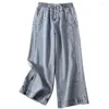 Women's Jeans 2024 Spring Summer Arts Style Women Elastic Waist Loose Cotton Denim Ankle-length Pants Light Gray Casual Wide Leg C934