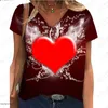 T-shirt manches courtes col en v pour femmes, élégant, décontracté, ample, grand, Style de rue, impression 3D personnalisée, 2024