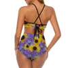 Roupa de banho feminina sexy girassol impressão biquinis conjunto roxo floral elegante biquíni maiô cintura alta esporte maiôs de grandes dimensões