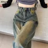 Jeans femininos mulheres americana retro perna larga y2k namorado outono cintura alta elegante baggy cool street wear esfregando calças chiques jovens