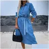 Grundlegende Freizeitkleider Frauen 2024 Frühling Feste Taste Denim Kleid Einfache Umlegekragen Schnürung Büro Elegante Langarm Drop Delive DHN5C