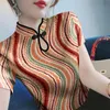 Women Summer Stand Collar Pullover Fashion Artistic Chinese Style Button Printed Leisure Tshirt Short Sleeve Versatile Tops 240323