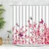 Duş Perdeleri Pembe Çiçek Kiraz Çiçeği Perde Hook Bitki Kelebek Suluboya Çiçek Manzarası Banyo Polyester Asma Seti