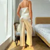 Home Clothing Sexy Suspender Trouser Suits Sleepwear Summer Women 2PCS Homewear Pajamas Set Soild Khaki Lingerie Loose Silk Satin Lounge