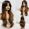 Wigs ALAN EATON Long Water Wave Ombre Dark Brown Wigs for Black Women Afro Cosplay Daily Hair Wigs with Bangs High Temperature Fiber