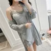 Pyjamas Women's Summer Gathts Silk Sexig Ice Silk Embroidered Sling Nightgown Nightgown Two-Piece Home Clothes Set