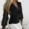 Women's Blouses Women Long Sleeve Lace Hollow Out Elegant Female Deep V Neck Slim Tops Office Lady Solid Color Casual Tunics Chic Shirt