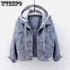 WTEMPO femmes épissé à capuche cordon à manches longues Denim manteau boutonné à capuche bleu noir Jean printemps vêtements d'extérieur automne 240319