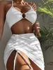 Multi Colors Women 3 Pieces Suit Swimwear Textured BikiniDrawstring Skirt Cover-Up Swimsuit Push Up Thong High Waist Beachwear 240327