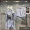 Womens Tracksuits Prepomp Summer Arrival Lace Ruffles Rhinestone Diamonds Shirt Elastic Waist Short Blue Plaid Two Piece Set Outfits D Dhaic