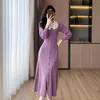 Casual Dresses 2024 Spring Fall High Quality Purple Sticked Dress Women Elegant Luxury White Lapel Långärmad enkelbröst lång