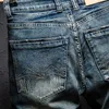 Erkek Şort Klasik Retro Sıkıntılı Erkek Mektup Baskılı Kot Kısa Bacaklar Diz Uzunluk Düz Uygun Yorgunluk Trendi Punk Erkek Denim Şort2404