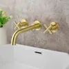 Badrum diskbänk kranar borstade nickel guld kran mässing lavabo salle de bain badväggmontering kall mixer vatten kran två handtag