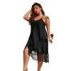 Plus size 5xl feminino camisola sleepwear sexy preto borlas cinta de espaguete nightwear solto seda cetim casa vestido 240402