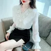 Blusas de mujer Vintage Crochet encaje camisa de mujer con cuello en V con volantes manga larga blusa de gasa coreano dulce elegante Blusas Casual señoras Tops