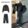 Tweede stuk set/single stuk lente herfst jassen jeans tracksuit trendy vintage los gewassen oude jeans set mannelijke straat bovenkleding 240319