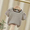 Baby flickor kort ärm t-shirt sommar barn topp tees småbarn randiga tryckta skjortor barns kläder koreansk stil 240318