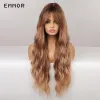 Peruker Emmor Long Body Wave Hair Wig Ombre Brown Blond Syntetic Water Wavy peruker med lugg för kvinnor naturliga värmebeständiga peruk