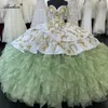 Luxe Sweetheart Baljurk Quinceanera Jurken Schouderafhangende Applicaties Cascading Ruches Rokken Gala Avond Feest Optocht Verjaardag Jurken Jurk