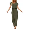 女性用2ピースパンツ女性のための夏の服2024ファッションソリッドコットンとリネンマルチボタントップショートスリーブパンツセットカジュアルレディース