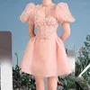 Vestidos de festa luxo doce verão rosa malha puff manga curta vestido de noite pista feminina gola quadrada miçangas lantejoulas princesa