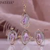 Halsband Pataya Women Ladies 585 Rose Gold Color Light Purple Cubic Zircon White Oval Weaving Ring Earring Pendant Necklace Set New 2023