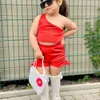 Kinder Kleidung neue Mädchen zweiteilige Set One Schultertop+Shorts Set Feste Farb Sommerkleidung