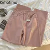سروال نسائي Kimotimo Pink Denim Y2K Women 2024 Autumn Winter High Weist Wide Pant Pant Fashion Corean Class جميع بنطلون المباراة