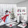 Rideaux de douche Ensemble de rideaux de Noël d'hiver Mignon Bonhomme de neige Oiseaux rouges Cadeaux Forêt Cèdre Année Noël Salle de bain Décor Tapis de bain Couverture de toilette