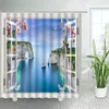 Douchegordijnen Retro Boogdeur Oceaan Landschap Tropische Palmbomen Groene Planten Bloemen Natuurlijke Landschap Decor Badkamer Gordijn