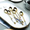 Spoons Stainless Steel Dessert Spoon Gold Coffee Milk With Ceramic Long Handle Ice Cream Fruit Cake Honey Stirring231k