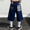 Heren shorts Hip Hop Pocket geborduurde brief bedrukte jeans voor heren zomer retro ultra wide been denim knie pantsL2404