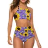 Roupa de banho feminina sexy girassol impressão biquinis conjunto roxo floral elegante biquíni maiô cintura alta esporte maiôs de grandes dimensões