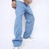 Mężczyźni Motyl haftowa stylowa luźne proste dżinsy spodnie męskie bawełniane dżinsowe spodnie 240325