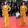 Robes décontractées Festival du film de Cannes Style de piste Supermodel Robe assortie jaune à poitrine unique avec col en V en velours ultra long