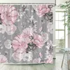 Cortinas de chuveiro floral para banheiro rosa Rosa Banho de flor de cortina de pano de fundo cinza Caso de poliéster Decoração de casa simples com ganchos