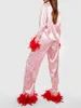 Home Vêtements Femmes S pyjama avec plumes roses Satin Loungewear Set Heart Imprime Plume Chandou