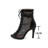 Sandals Women's Mesh Ballroom Dance Boots High Heels Ankle Boots Sexy Fish Mouth Open Toe Lace Up Stilettos Cool Ladies Black Sandals PU