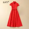 Party Dresses ZJYT Runway Summer 2024 Fashion Midi Shirt For Women Short Sleeve Turn Down Collar Red Dress Elegant Black