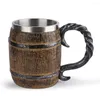 Mugs Simulation Wooden Barrel Mug Double Wall Wood Style Beer Creative Durable Resin Stainless Steel Retro For Home Ornament