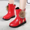 Nieuwe Winter Girls Boots Real Fur Ball Pu Leather Kids Snow Boots Warm pluche sneakers Kinderschoenen