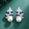 Brincos de garanhão encantos S925 Silver agulha cinza pérola azul Crystal Mulheres