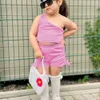 Kinder Kleidung neue Mädchen zweiteilige Set One Schultertop+Shorts Set Feste Farb Sommerkleidung