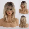 Wigs EASIHAIR Dark Brown Root Ombre Golden Synthetic Wig Natural Hair for Women Female Layered Wig with Said Bangs Heat Resistant Wig