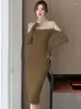 Lässige Kleider Herbst Winter Winter fest gestricktes Patchwork hohl Out sexy Kleid Frauen elegante Bodycon Long 2024 Koreanische Mode Luxus Vestidos